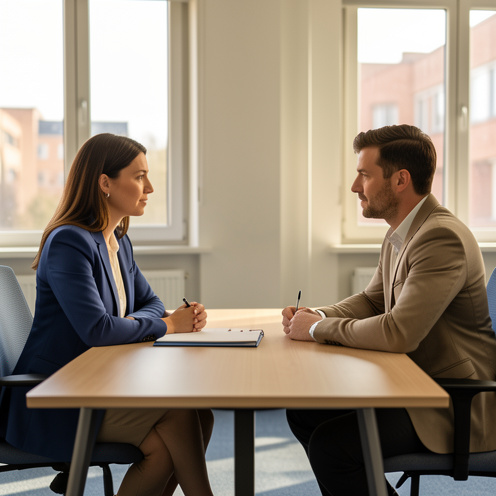 Une femme responsable et un homme salarié échangent calmement lors d’un entretien professionnel dans un bureau moderne.