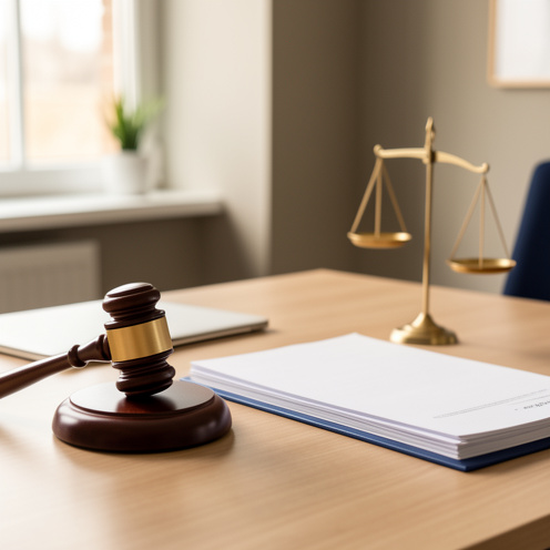 Maillet de juge, documents juridiques vierges et balance de justice dans un bureau professionnel, illustrant l’évaluation sérieuse d’une faute au travail.