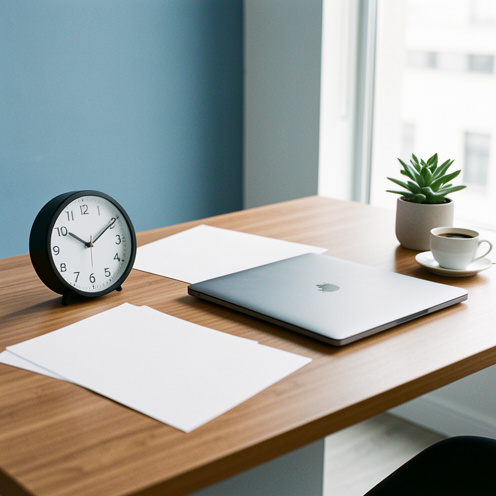 Bureau moderne avec une horloge analogique, des feuilles vierges, un ordinateur portable fermé et une plante évoquant l’organisation du temps de travail.