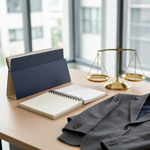 Composition réaliste avec des dossiers administratifs vierges, un calendrier sans inscription, une balance en laiton et une veste professionnelle sur un bureau moderne, évoquant la classification professionnelle et l’organisation du temps de travail.