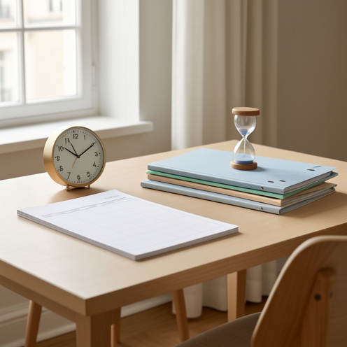 Bureau contemporain avec agenda vierge, horloge analogique, dossiers professionnels et sablier évoquant l’organisation et le suivi du temps de travail.