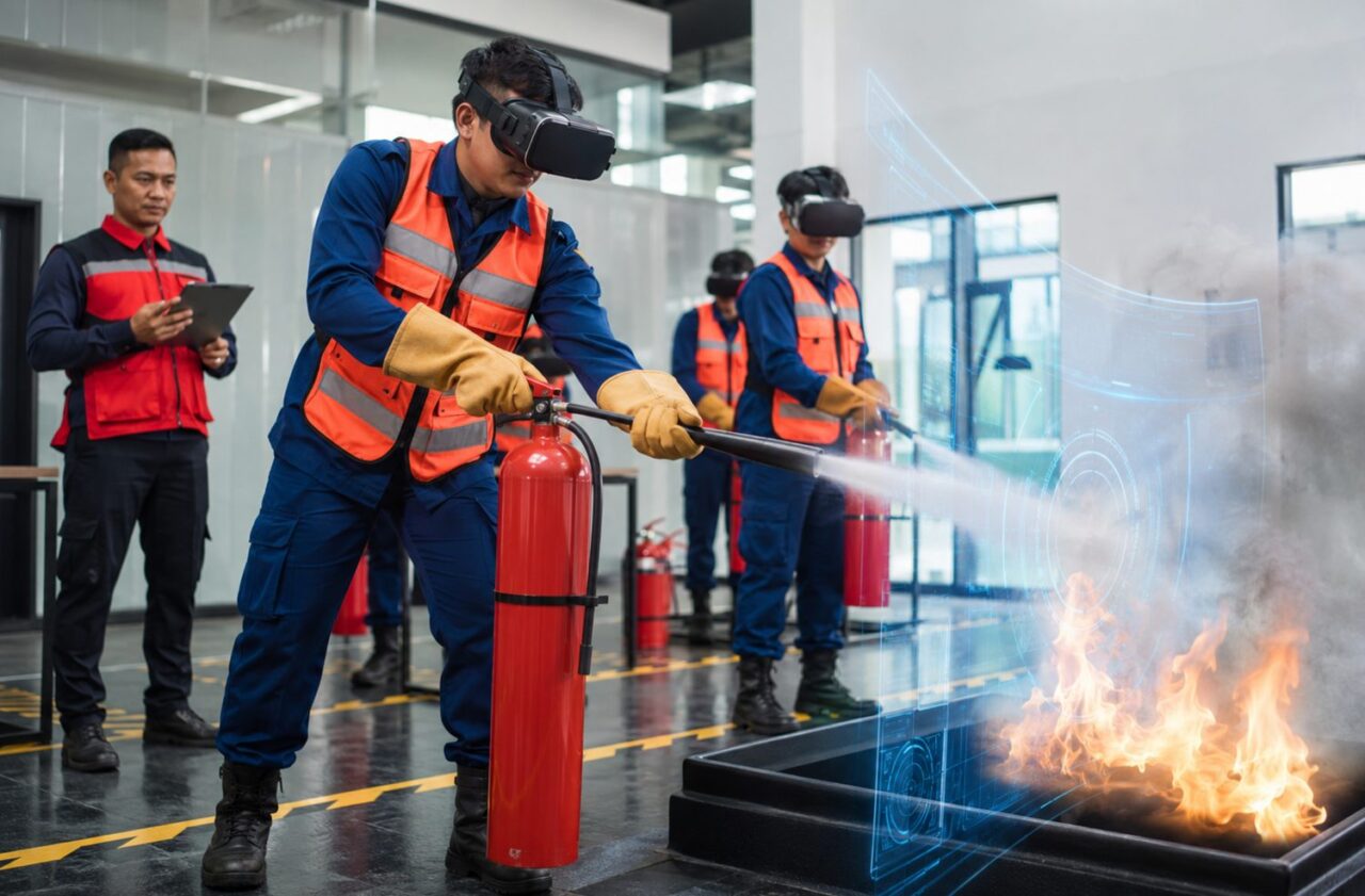 Employés réunis en entreprise pour une formation pratique à la sécurité incendie.