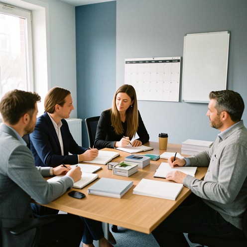 Formatrice animant une session de formation professionnelle dans un bureau moderne, avec des collègues attentifs et du matériel pédagogique.