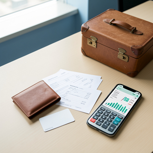 Objets professionnels illustrant la gestion et le remboursement des frais de déplacement, avec portefeuille, justificatifs vierges, calculatrice et valise sur un bureau.