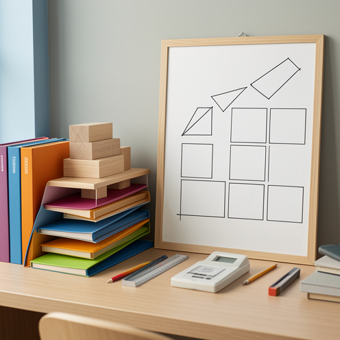 Composition de bureau illustrant une classification professionnelle avec des blocs organisés, des dossiers colorés et des repères géométriques vierges.