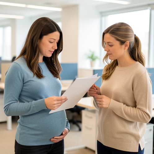 Une salariée enceinte échange sereinement avec une collègue dans un bureau lumineux, évoquant la protection et les droits liés à la grossesse au travail.
