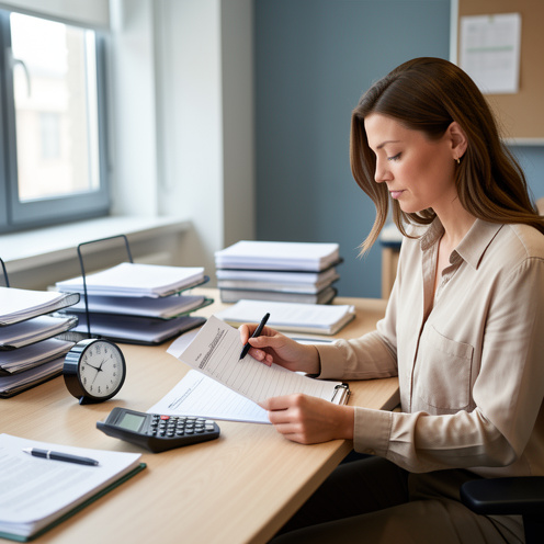 Femme au bureau examinant une feuille de temps vierge avec une calculatrice et une horloge, illustrant le calcul et la majoration des heures supplémentaires.