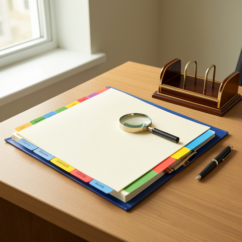 Classeur bleu ouvert sur des pages vierges, accompagné d’une loupe et d’intercalaires colorés non marqués sur un bureau professionnel.