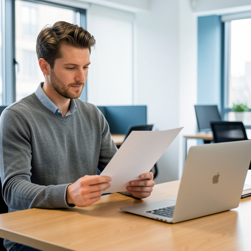 Consultant informatique examinant un dossier vierge dans un espace de travail moderne, symbolisant l’intercontrat, le salaire, les obligations et les droits des salariés.