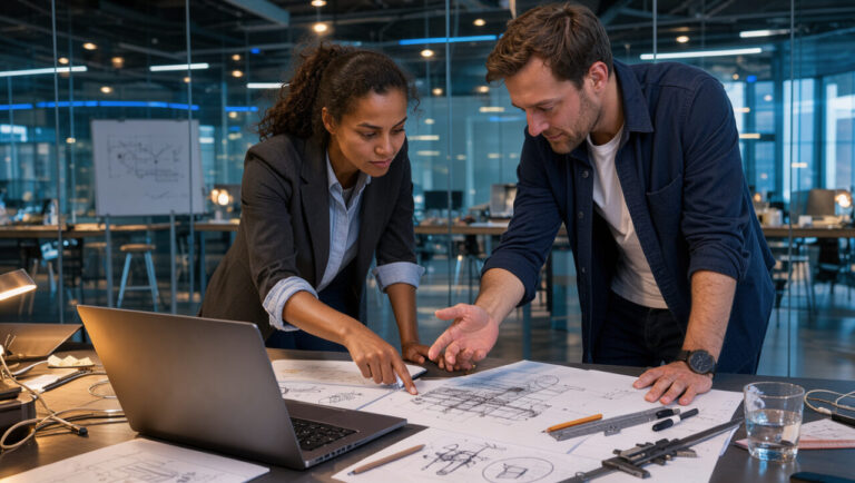 Une femme et un homme collaborent autour d’un ordinateur et de croquis techniques dans un espace de travail moderne, illustrant les missions temporaires dans le numérique, le conseil et l’ingénierie comme accélérateur de carrière.