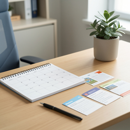 Bureau professionnel avec calendrier vierge et éléments évoquant la planification des congés et des jours de repos supplémentaires.