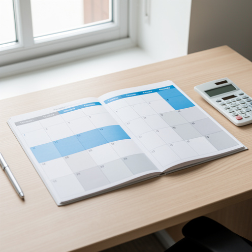 Planning annuel vierge avec des jours de semaine distingués des week-ends sur un bureau, évoquant le décompte des jours ouvrables et ouvrés en 2015.