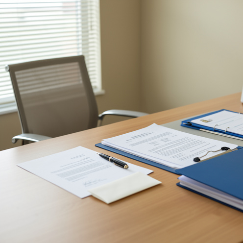 Bureau administratif avec un document vierge, une enveloppe, un stylo et un dossier du personnel, évoquant une procédure d’avertissement professionnel.