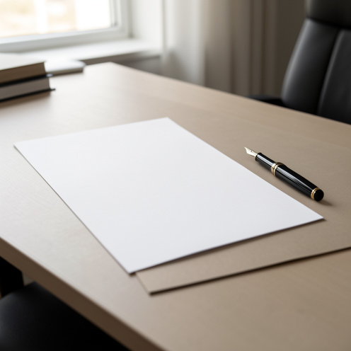 Feuille de document vierge et stylo plume disposés sur un bureau élégant, évoquant la préparation d’une démarche administrative professionnelle.