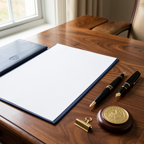 Document officiel vierge posé sur un bureau en bois avec un dossier contractuel fermé, un stylo plume et un sceau, évoquant une lettre d’ordre de mission et sa valeur contractuelle.