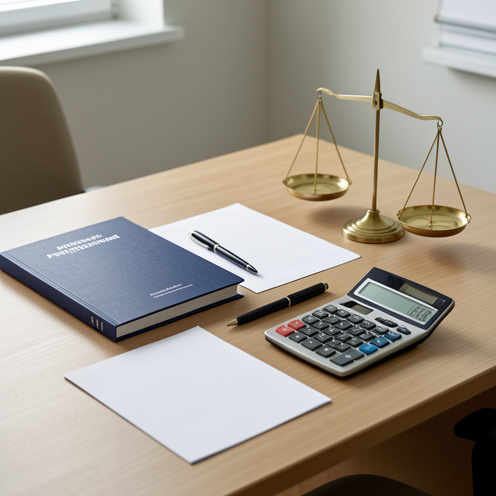 Bureau de ressources humaines avec dossier fermé, feuilles vierges, stylo, calculatrice et balance juridique, évoquant une procédure de licenciement économique structurée.