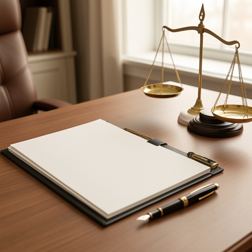 Bureau juridique avec un dossier professionnel vierge, une balance de justice et un stylo, évoquant l’examen attentif d’un licenciement.