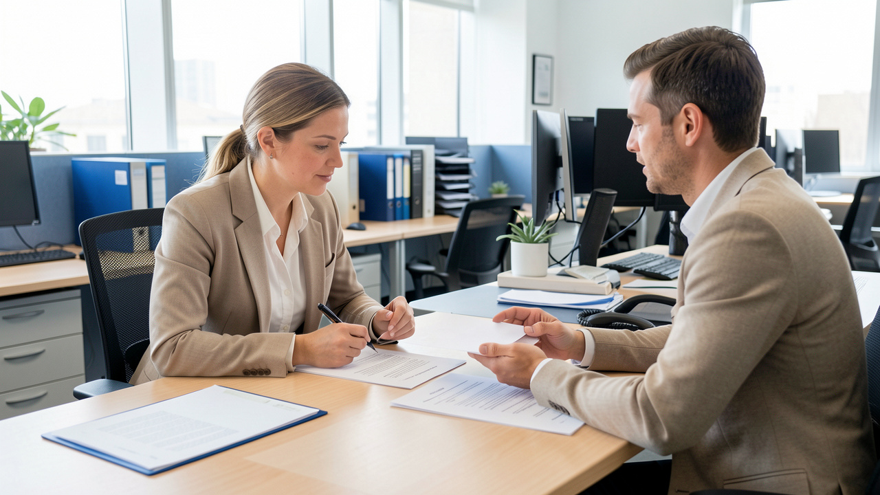 Une salariée échange avec un conseiller dans un bureau moderne au sujet de ses droits professionnels, avec des documents vierges posés sur la table.