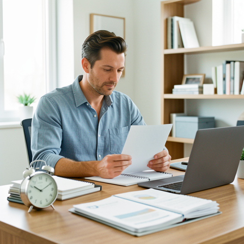 Homme travaillant de manière autonome dans un bureau moderne, avec un agenda vierge, un ordinateur portable et une horloge sur son bureau.
