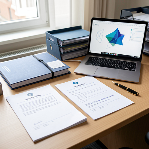 Bureau professionnel montrant deux documents de profil vierges, dont un original et un révisé, avec un ordinateur portable et des dossiers organisés.