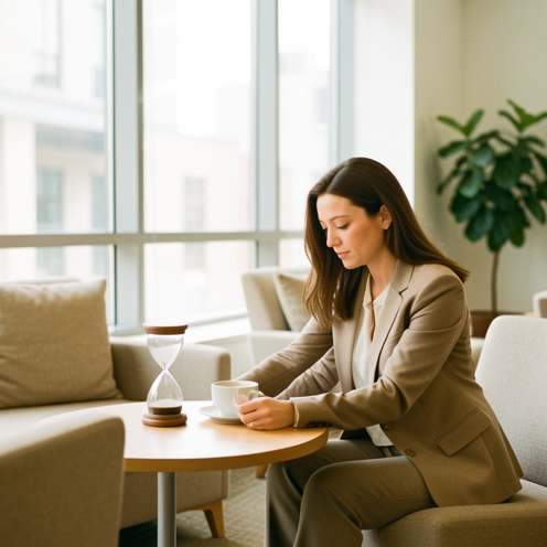 Une salariée se détend dans un espace de pause lumineux au travail, près d’une tasse de café et d’un sablier.