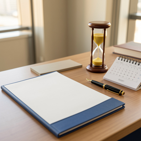 Bureau professionnel avec un dossier de contrat vierge, un calendrier non marqué et un sablier symbolisant la durée et le renouvellement d’une période d’essai.