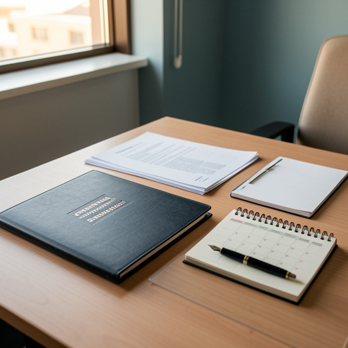 Bureau professionnel avec un dossier de contrat, des feuilles vierges, un calendrier neutre et un stylo évoquant les durées de préavis et la rupture du contrat de travail.