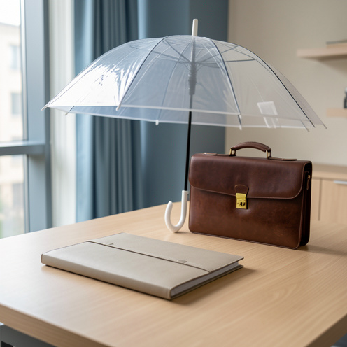 Bureau moderne avec un dossier fermé, une mallette professionnelle et un parapluie translucide symbolisant la continuité de la protection après la fin d’un contrat.
