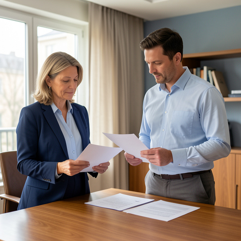 Une salariée expérimentée échange avec un responsable des ressources humaines dans un bureau moderne autour de documents vierges.