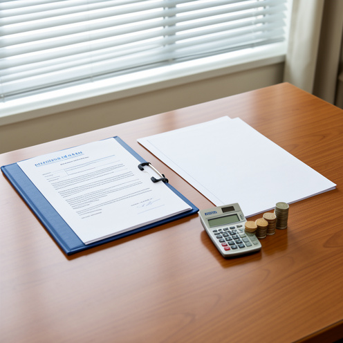 Bureau avec un dossier de contrat, une calculatrice, des feuilles vierges et des pièces symbolisant le calcul d’une prime de fin de contrat, ses conditions et ses exceptions.