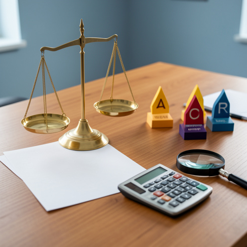Nature morte professionnelle illustrant la fixation des objectifs, leur calcul et leur contestation, avec une balance, des feuilles vierges, une calculatrice et une loupe sur un bureau.