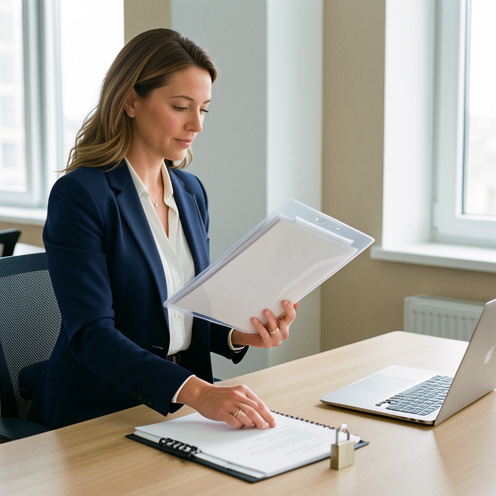 Une femme professionnelle protège et organise son dossier de carrière dans un bureau moderne, avec un ordinateur et un cadenas.