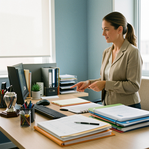 Une femme examine dans un bureau les différents éléments représentant les responsabilités qu’elle exerce réellement dans son travail.