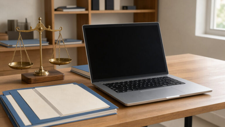 Bureau professionnel avec ordinateur portable, dossiers vierges et balance juridique évoquant la protection contractuelle et les recours d’un freelance en ESN.