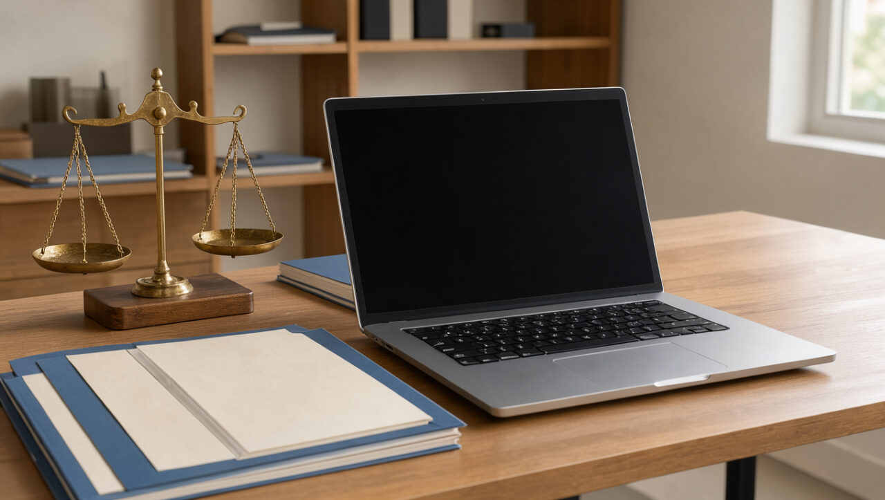 Bureau professionnel avec ordinateur portable, dossiers vierges et balance juridique évoquant la protection contractuelle et les recours d’un freelance en ESN.