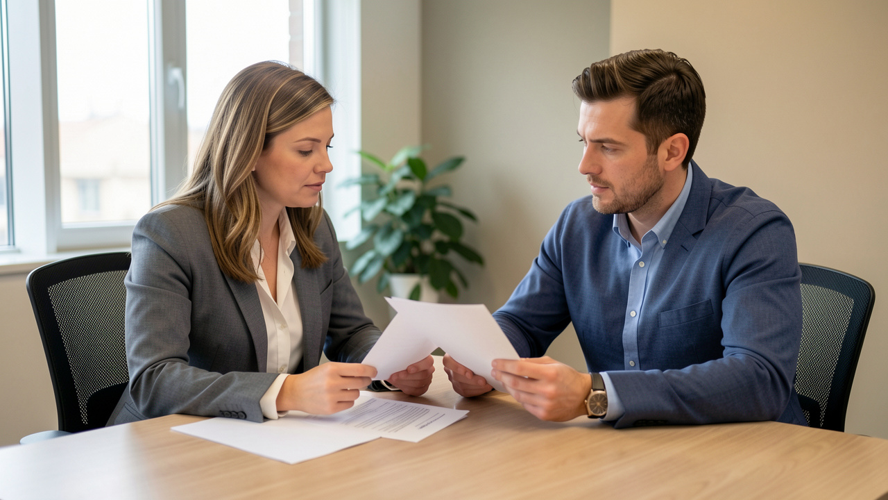 Une salariée échange avec un conseiller sur des documents professionnels vierges dans un bureau, dans une atmosphère calme et rassurante.