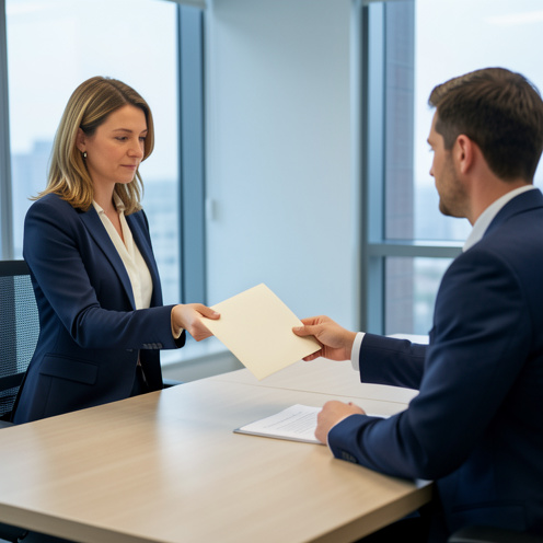 Une femme remet une enveloppe contenant un document vierge à un responsable dans un bureau moderne, dans une atmosphère professionnelle et respectueuse.
