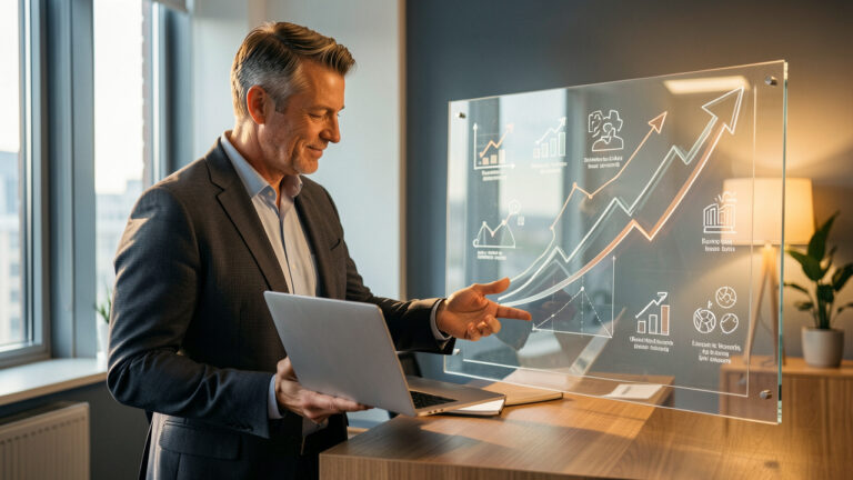 Un homme cadre de la technologie examine des données abstraites dans un bureau moderne, évoquant la rémunération, les avantages et les perspectives d’embauche dans le conseil.