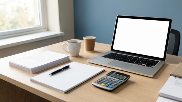 Espace de travail administratif avec ordinateur à écran vierge, papiers non écrits, calculatrice et fournitures de bureau, illustrant la rémunération des congés.