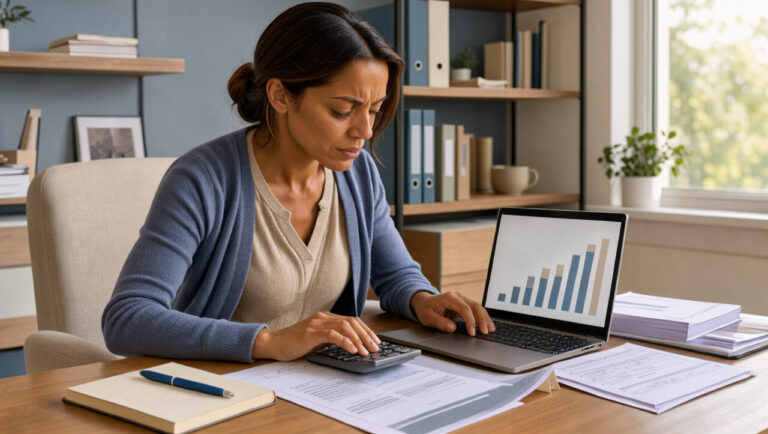 Une entrepreneuse travaille dans un bureau moderne sur la planification de ses revenus et de ses avantages professionnels.