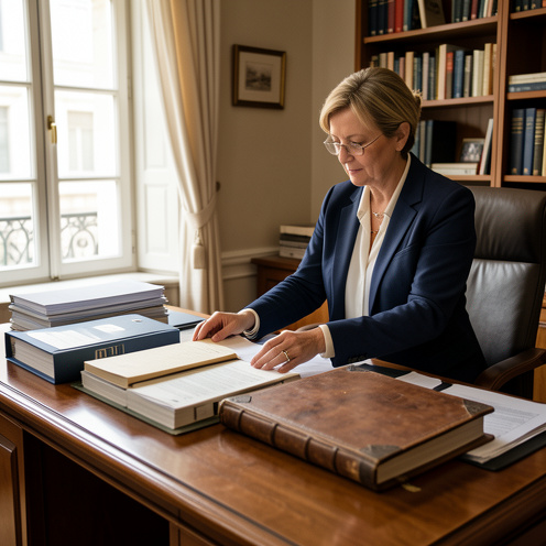 Une secrétaire organise des dossiers et des archives dans un bureau, symbolisant l’évolution historique du comité d’entreprise vers le CSE.