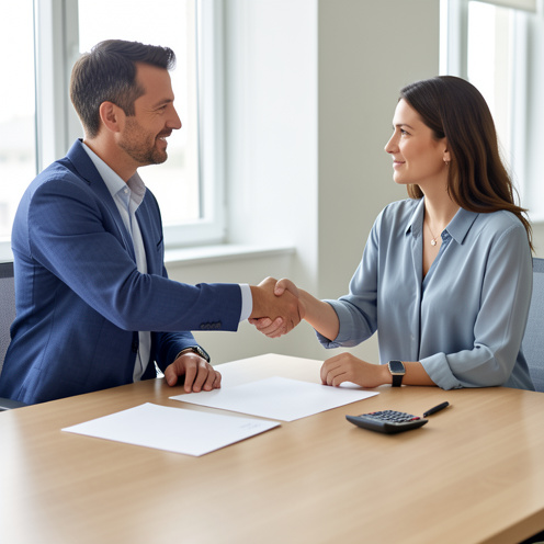 Un homme et une femme se serrent la main dans un bureau, avec des documents vierges et une calculatrice évoquant la fin amiable d’un contrat de travail temporaire.
