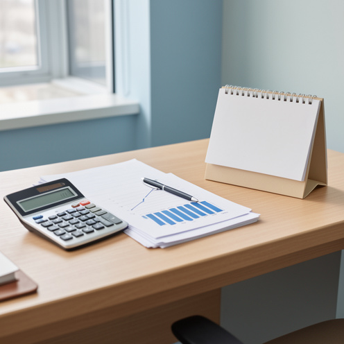 Bureau professionnel avec calculatrice, papiers vierges et accessoires évoquant l’organisation des salaires minimums et d’une grille conventionnelle.