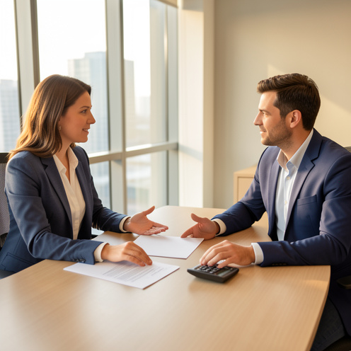 Une femme et un homme discutent calmement d’une proposition professionnelle autour d’une table dans un bureau moderne, avec des documents vierges et une calculatrice.