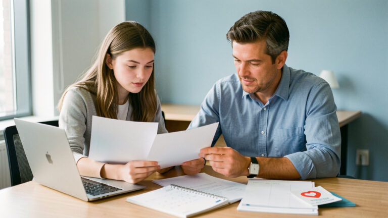 Une jeune stagiaire et un mentor examinent des documents administratifs vierges dans un bureau moderne, avec un calendrier sans inscription et des éléments évoquant la protection sociale.