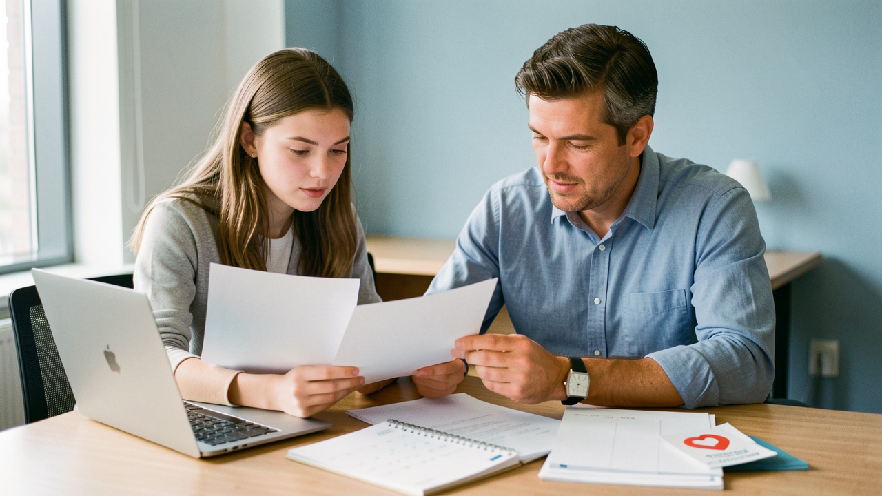 Une jeune stagiaire et un mentor examinent des documents administratifs vierges dans un bureau moderne, avec un calendrier sans inscription et des éléments évoquant la protection sociale.