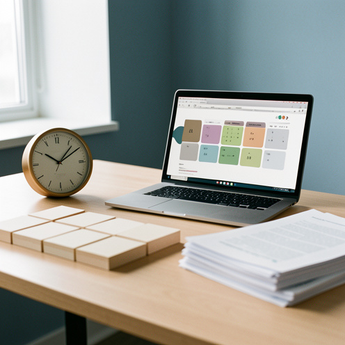Bureau moderne illustrant l’organisation des différentes modalités du temps de travail, avec une horloge, un ordinateur et des documents disposés avec méthode.