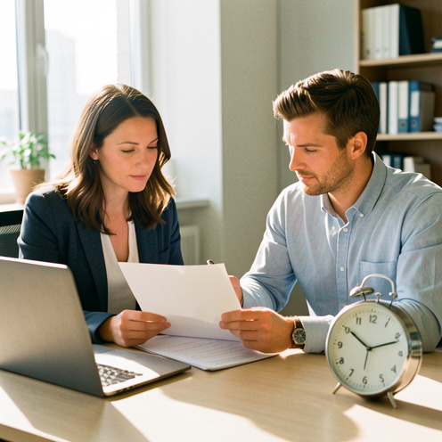Une femme et un homme collaborent dans un bureau moderne un dimanche, avec des documents vierges, un ordinateur portable et une horloge sans inscriptions visibles.
