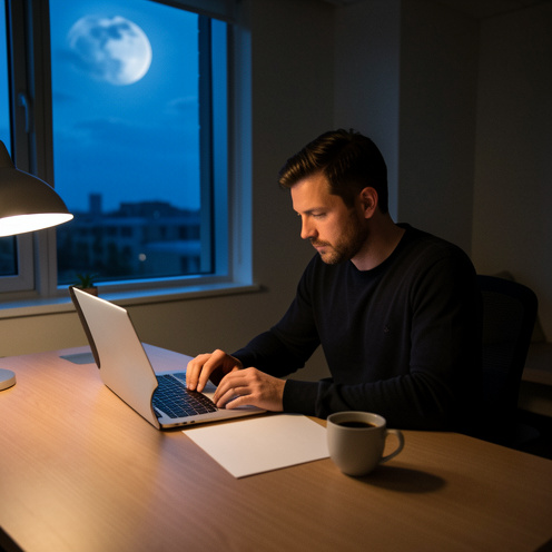 Un homme travaille seul dans un bureau moderne pendant la nuit, éclairé par une lampe chaude et la lumière bleutée des fenêtres, avec un espace de repos à proximité.