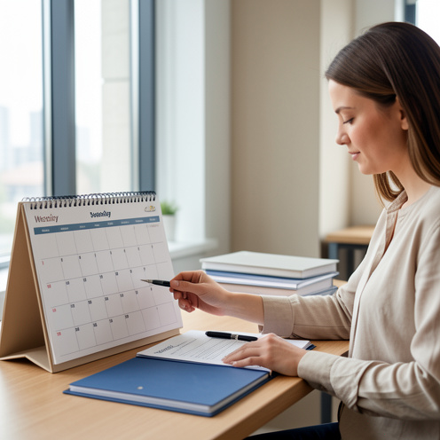 Une femme organise ses horaires de travail du samedi dans un bureau, avec un calendrier vierge et un dossier de compensation.